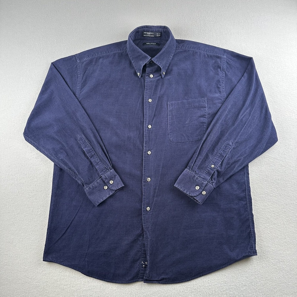 Nautica Corduroy Shirt Mens 16.5 32/33 Navy Blue Long Sleeve Button Down Pocket